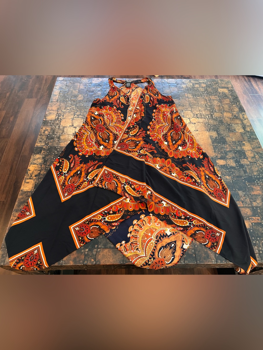 SLNY Black Paisley Handkerchief Dress with Orange, Red and Brown Accents